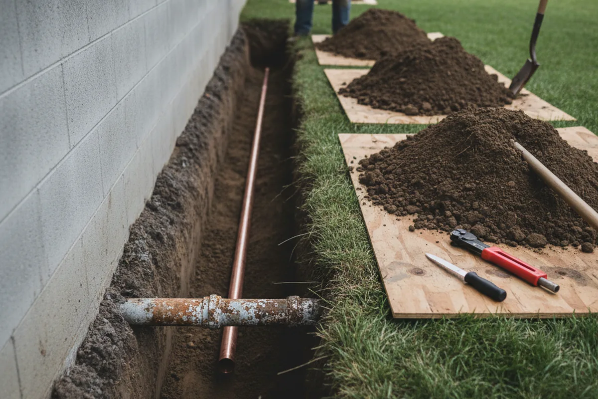 Excavated water line trench during Water Softener Installation in Gretna
